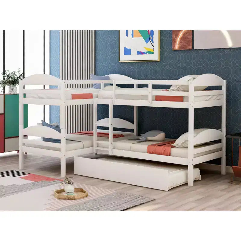 L-Shaped Twin Bunk Bed with Trundle for 4 Kids, Pine Wood Twin Size Bunk Bed Frame, Can be Separated into Two Beds