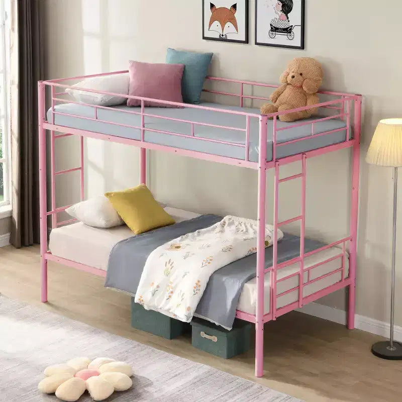 Okak Metal Bunk Bed with No Box Spring Design, Kids Bunk Beds with High Security Guardrai and Ladder, Twin Bed for Teenager
