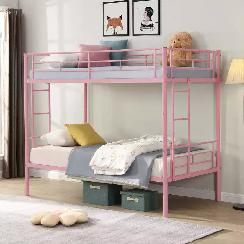 Okak Metal Bunk Bed with No Box Spring Design, Kids Bunk Beds with High Security Guardrai and Ladder, Twin Bed for Teenager