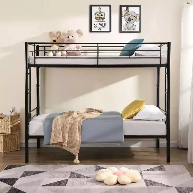 Okak Metal Bunk Bed with No Box Spring Design, Kids Bunk Beds with High Security Guardrai and Ladder, Twin Bed for Teenager