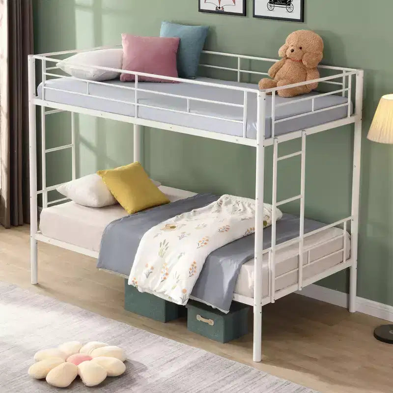 Okak Metal Bunk Bed with No Box Spring Design, Kids Bunk Beds with High Security Guardrai and Ladder, Twin Bed for Teenager