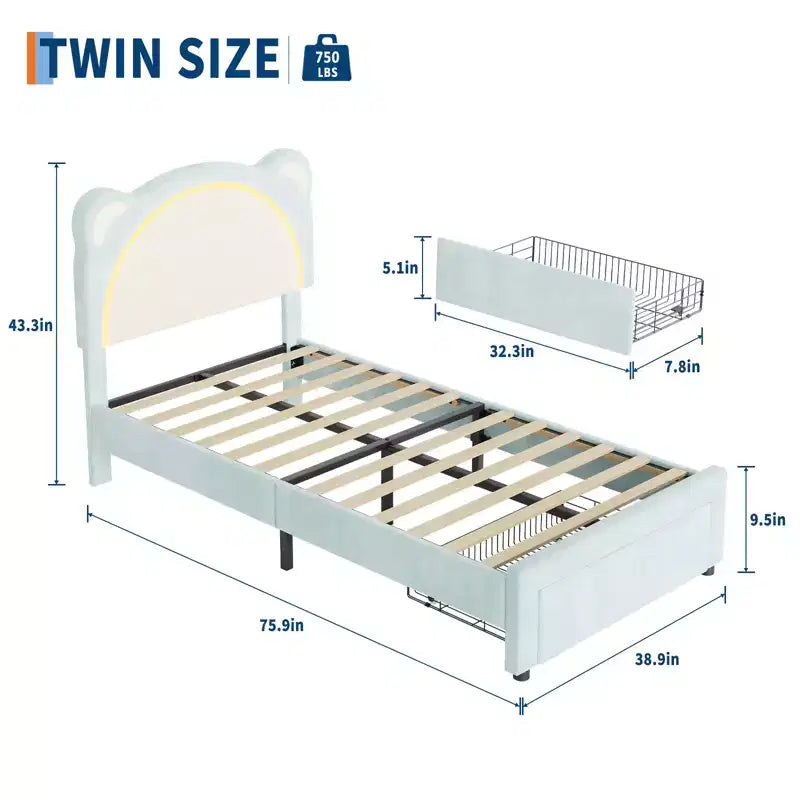 Twin Bed Frame, Upholstered Platform Bed Frame with Adjustable Headboard &Storage Drawer, Wooden Slats Support, No Box Spring Needed