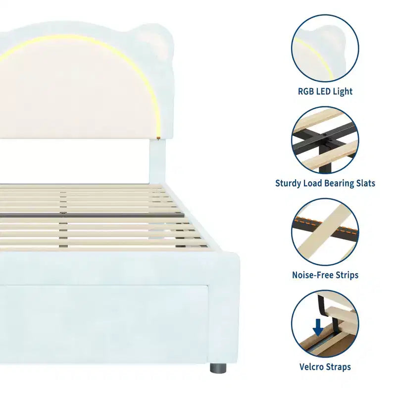 Twin Bed Frame, Upholstered Platform Bed Frame with Adjustable Headboard &Storage Drawer, Wooden Slats Support, No Box Spring Needed