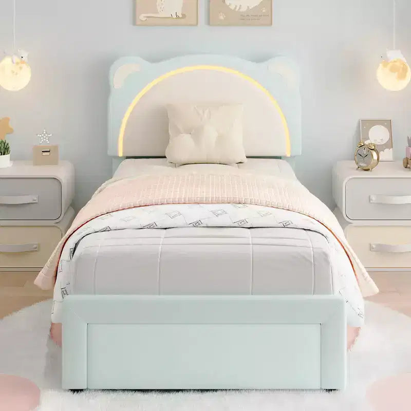 Twin Bed Frame, Upholstered Platform Bed Frame with Adjustable Headboard &Storage Drawer, Wooden Slats Support, No Box Spring Needed
