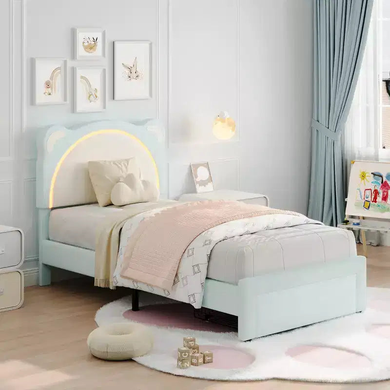 Twin Bed Frame, Upholstered Platform Bed Frame with Adjustable Headboard &Storage Drawer, Wooden Slats Support, No Box Spring Needed
