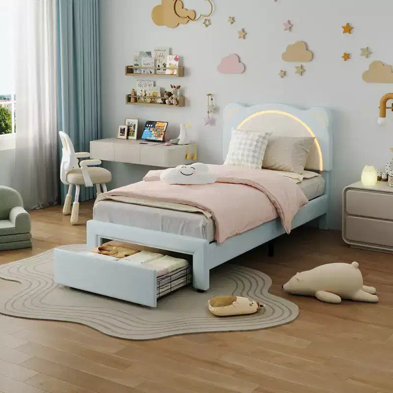 Twin Bed Frame, Upholstered Platform Bed Frame with Adjustable Headboard &Storage Drawer, Wooden Slats Support, No Box Spring Needed