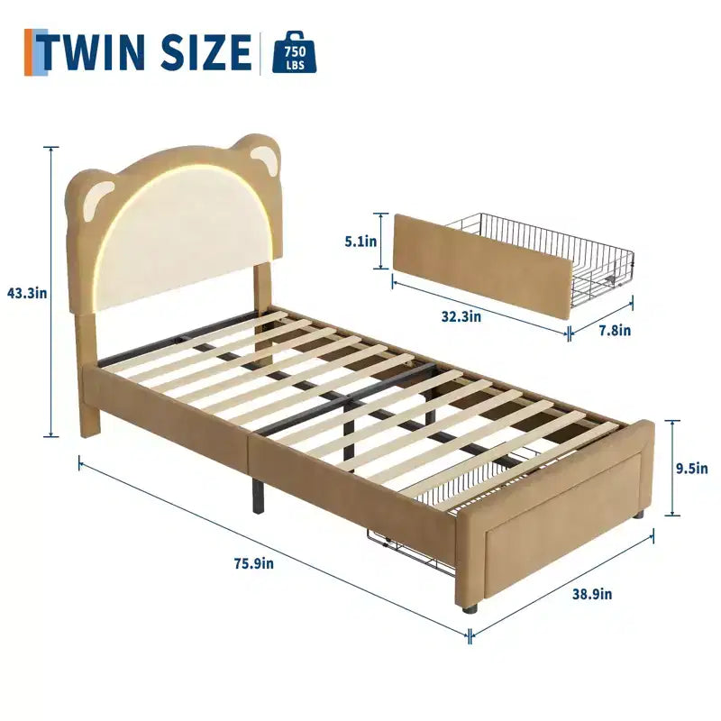 Twin Bed Frame, Upholstered Platform Bed Frame with Adjustable Headboard &Storage Drawer, Wooden Slats Support, No Box Spring Needed
