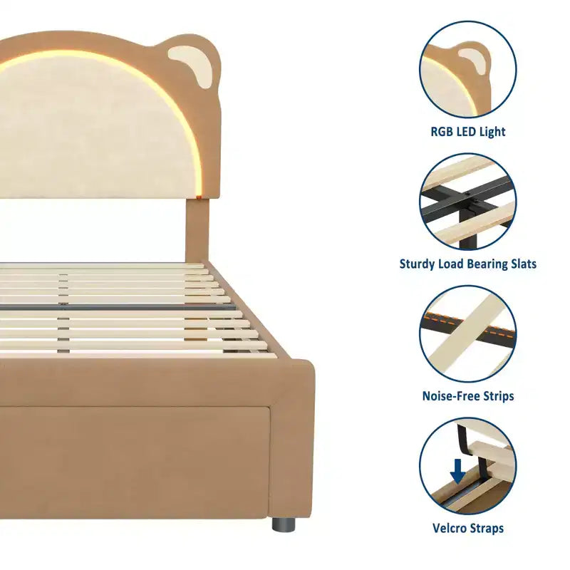 Twin Bed Frame, Upholstered Platform Bed Frame with Adjustable Headboard &Storage Drawer, Wooden Slats Support, No Box Spring Needed
