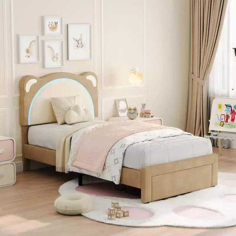 Twin Bed Frame, Upholstered Platform Bed Frame with Adjustable Headboard &Storage Drawer, Wooden Slats Support, No Box Spring Needed