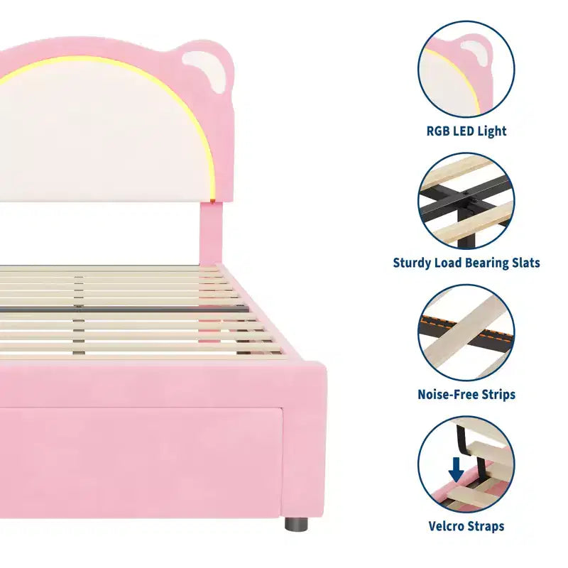 Twin Bed Frame, Upholstered Platform Bed Frame with Adjustable Headboard &Storage Drawer, Wooden Slats Support, No Box Spring Needed