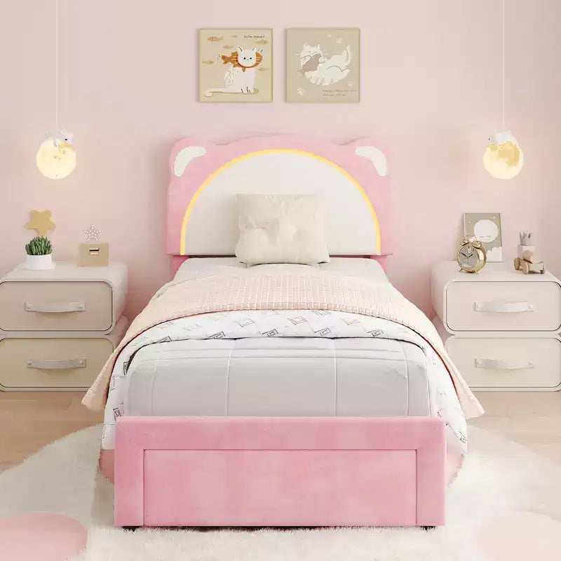 Twin Bed Frame, Upholstered Platform Bed Frame with Adjustable Headboard &Storage Drawer, Wooden Slats Support, No Box Spring Needed
