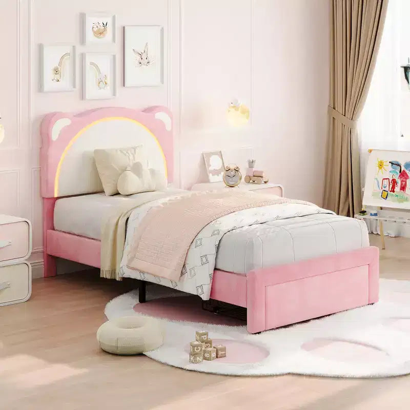 Twin Bed Frame, Upholstered Platform Bed Frame with Adjustable Headboard &Storage Drawer, Wooden Slats Support, No Box Spring Needed