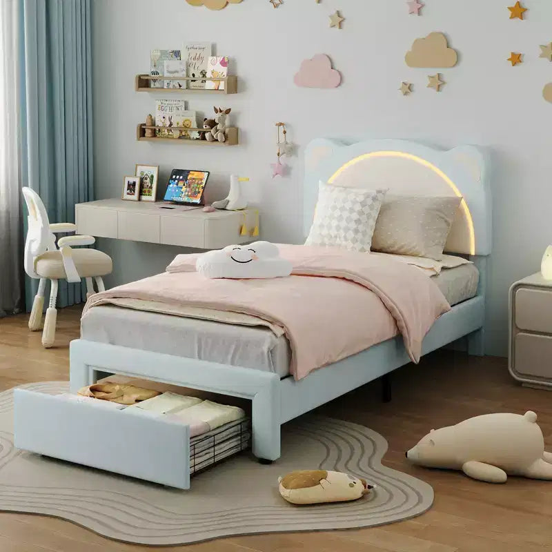Twin Bed Frame, Upholstered Platform Bed Frame with Adjustable Headboard &Storage Drawer, Wooden Slats Support, No Box Spring Needed