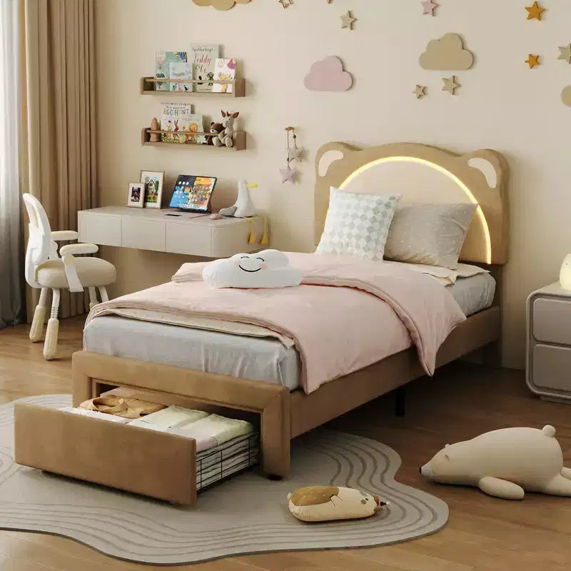 Twin Bed Frame, Upholstered Platform Bed Frame with Adjustable Headboard &Storage Drawer, Wooden Slats Support, No Box Spring Needed
