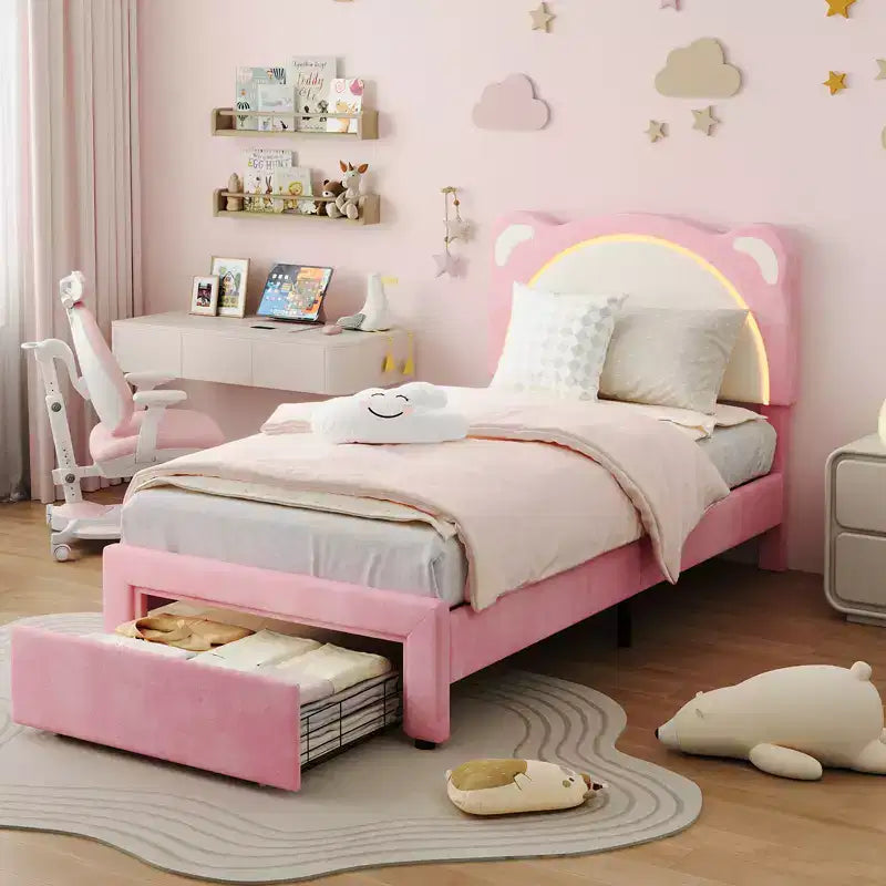 Twin Bed Frame, Upholstered Platform Bed Frame with Adjustable Headboard &Storage Drawer, Wooden Slats Support, No Box Spring Needed