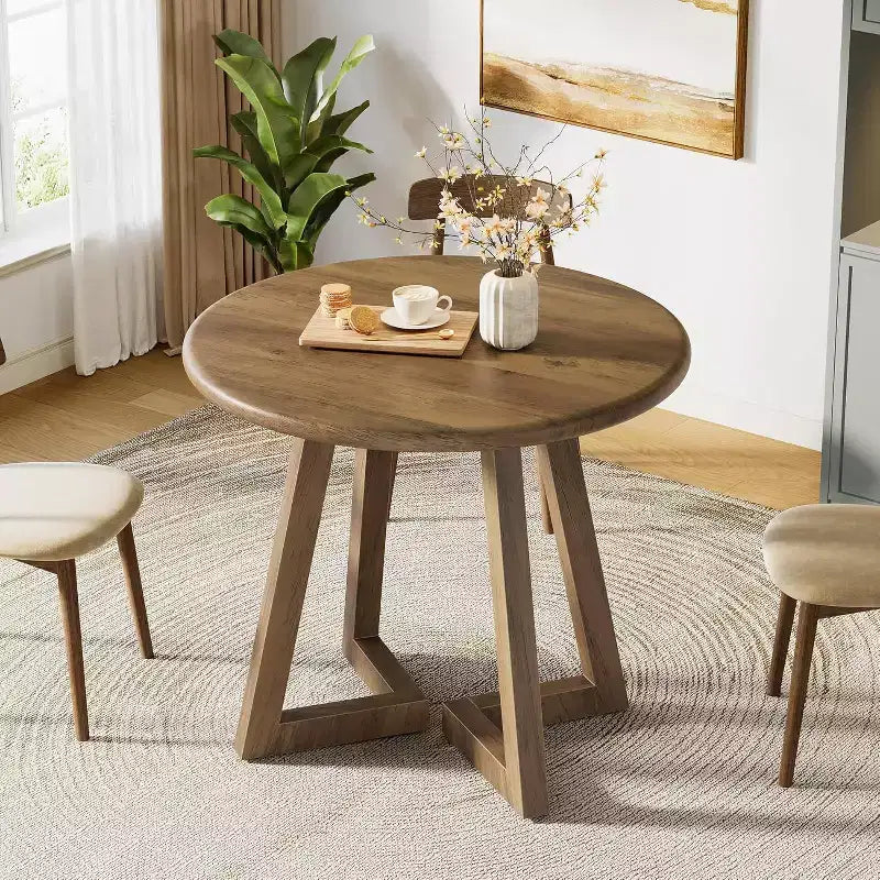 Lantine 31.5 Small Round Dining Table for 2-4, Circle Dining Dinner Table with Pedestal, for Dining Room, Living Room, Brown