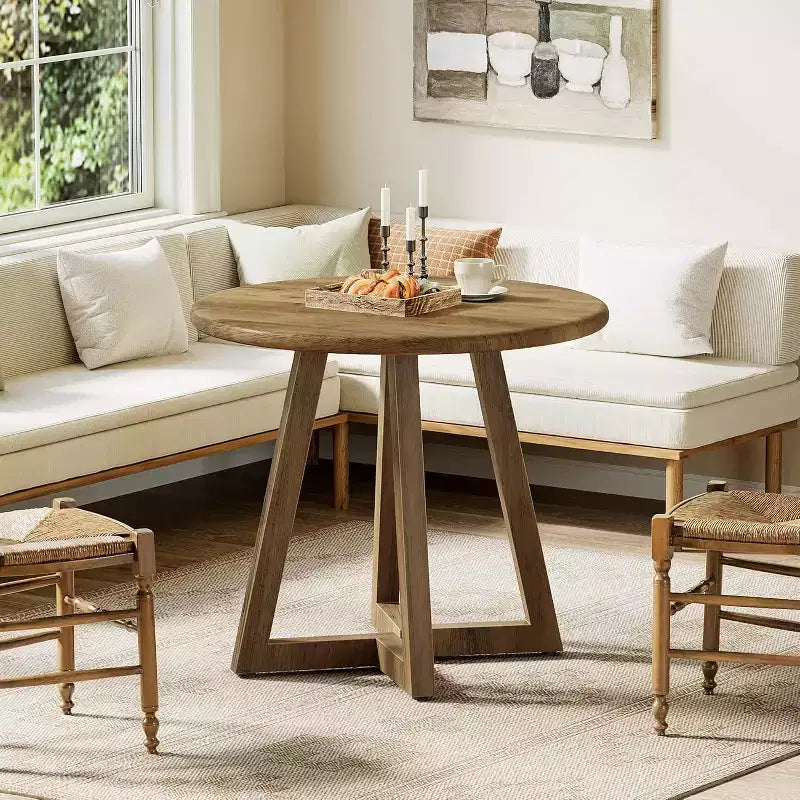 Lantine 31.5 Small Round Dining Table for 2-4, Circle Dining Dinner Table with Pedestal, for Dining Room, Living Room, Brown