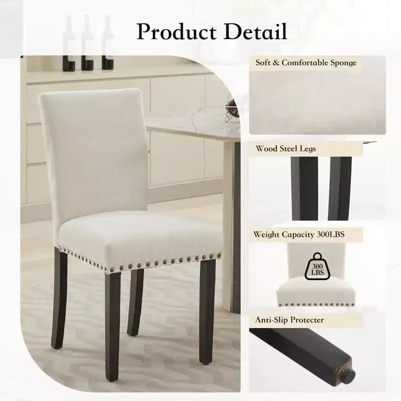 Upholstered Dining Chairs Set of 2, Dining Chairs with Nailhead Trim, Modern Fabric Dining Room Chair with Wood Legs, Mid-Century Accent for Kitchen