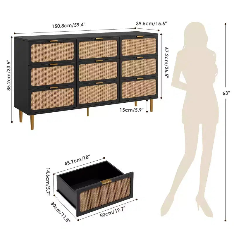 Rattan Dresser with 9 Drawers, Tall Modern Closet with Deep Storage, Large Chest of Drawers for Bedroom, Living Room, Hallway, Kids Room