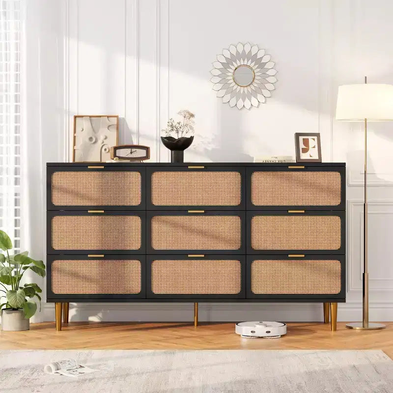 Rattan Dresser with 9 Drawers, Tall Modern Closet with Deep Storage, Large Chest of Drawers for Bedroom, Living Room, Hallway, Kids Room