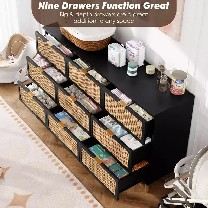 Rattan Dresser with 9 Drawers, Tall Modern Closet with Deep Storage, Large Chest of Drawers for Bedroom, Living Room, Hallway, Kids Room