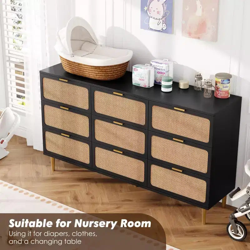 Rattan Dresser with 9 Drawers, Tall Modern Closet with Deep Storage, Large Chest of Drawers for Bedroom, Living Room, Hallway, Kids Room