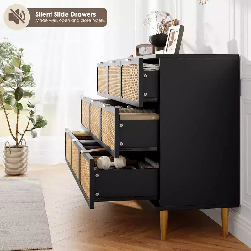 Rattan Dresser with 9 Drawers, Tall Modern Closet with Deep Storage, Large Chest of Drawers for Bedroom, Living Room, Hallway, Kids Room