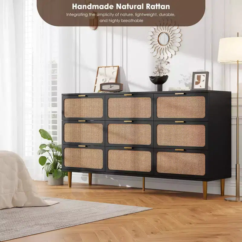 Rattan Dresser with 9 Drawers, Tall Modern Closet with Deep Storage, Large Chest of Drawers for Bedroom, Living Room, Hallway, Kids Room