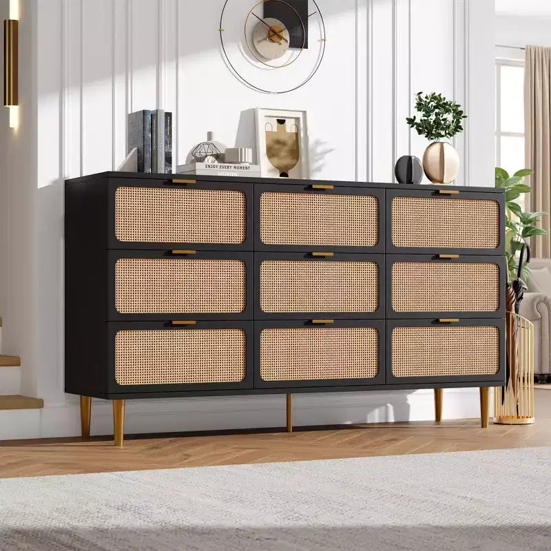 Rattan Dresser with 9 Drawers, Tall Modern Closet with Deep Storage, Large Chest of Drawers for Bedroom, Living Room, Hallway, Kids Room