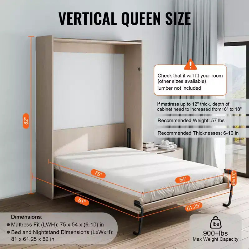 VEVOR Murphy Bed Kit, Full Size, Vertical Deluxe DIY Wall Bed Mechanical Hardware Kit, Pneumatic Lever Heavy Duty Bed Frame Support, Folding Bed,Black