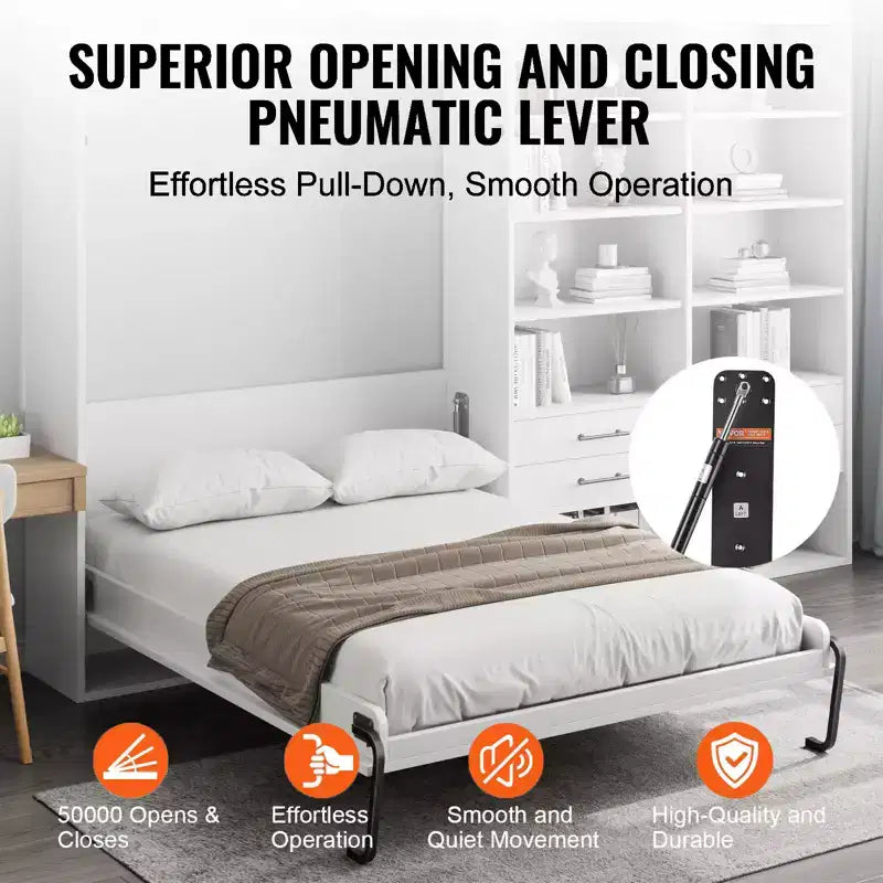VEVOR Murphy Bed Kit, Full Size, Vertical Deluxe DIY Wall Bed Mechanical Hardware Kit, Pneumatic Lever Heavy Duty Bed Frame Support, Folding Bed,Black
