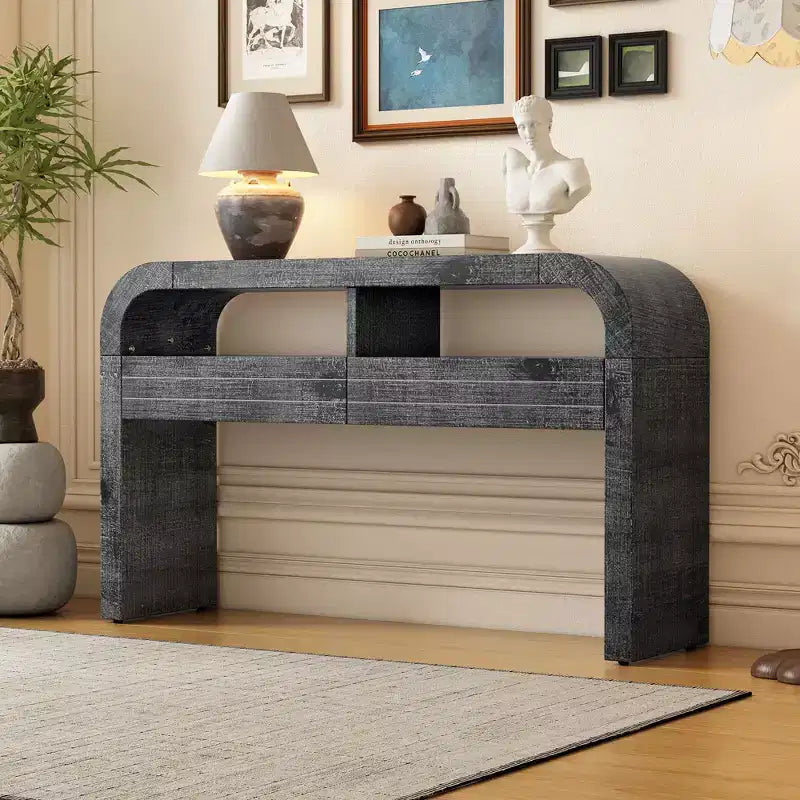 Okak 52IN Retro Console Table with Curved Corner, Entryway Table with 2 Large Drawers, Hallway Table for Living Room, Foyer, Black