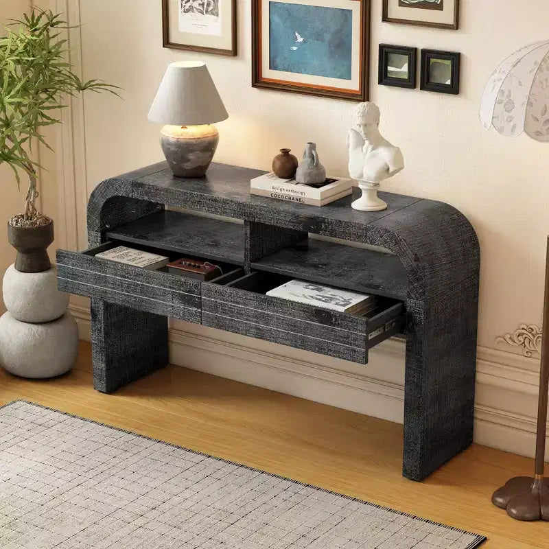 Okak 52IN Retro Console Table with Curved Corner, Entryway Table with 2 Large Drawers, Hallway Table for Living Room, Foyer, Black