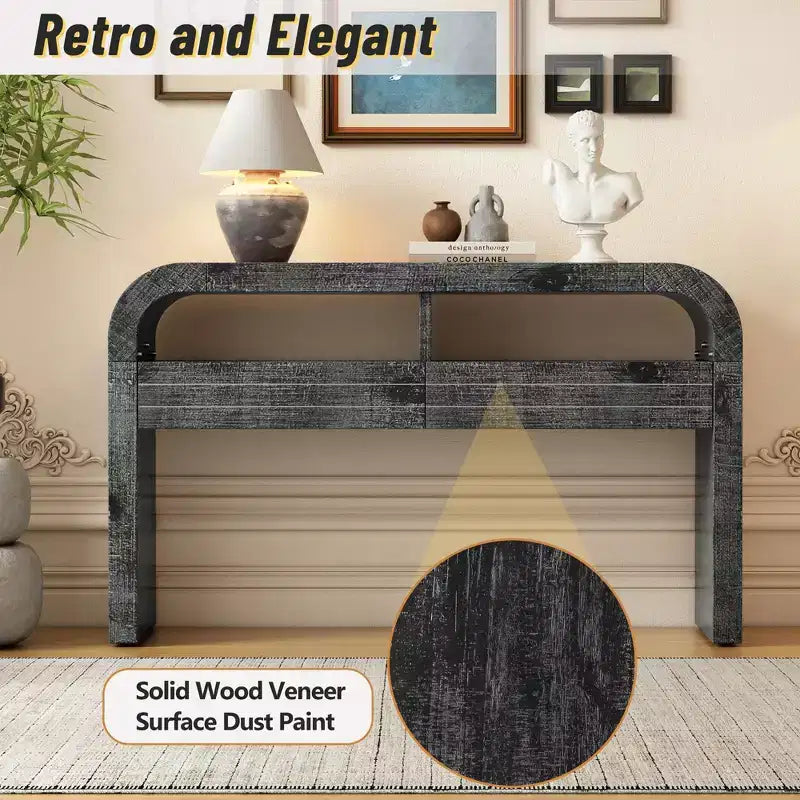 Okak 52IN Retro Console Table with Curved Corner, Entryway Table with 2 Large Drawers, Hallway Table for Living Room, Foyer, Black