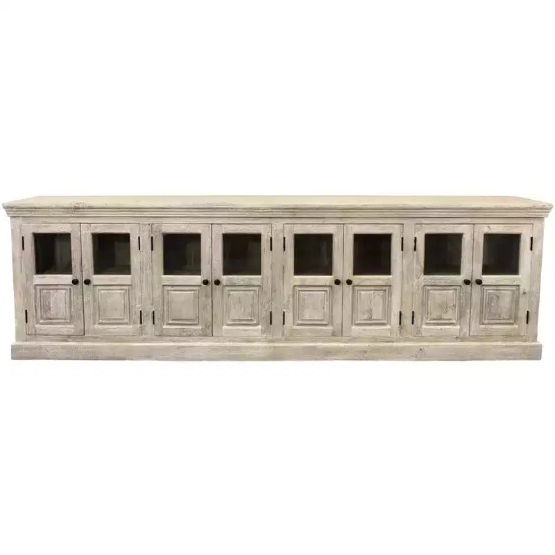 HomeRoots 118 Antiqued White Distressed Solid Wood Sideboard with 8 Glass Doors