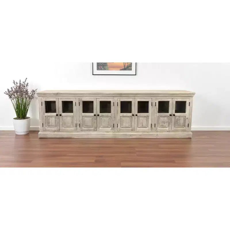 HomeRoots 118 Antiqued White Distressed Solid Wood Sideboard with 8 Glass Doors