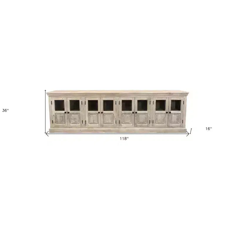 HomeRoots 118 Antiqued White Distressed Solid Wood Sideboard with 8 Glass Doors