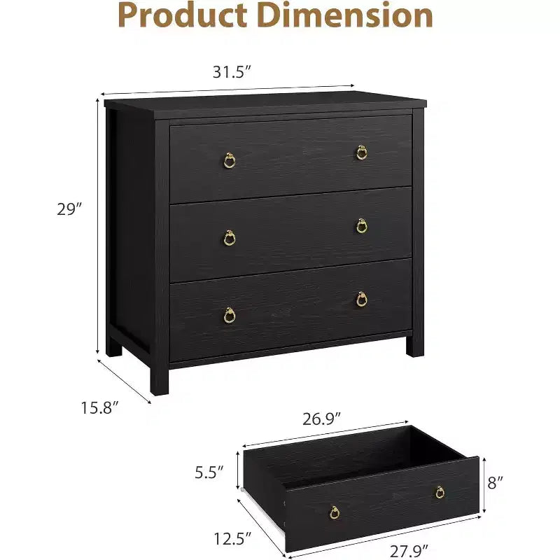 Acekool 3-Drawer Dresser for Bedroom, Wide Clothes Storage Chest Cabinet, Black
