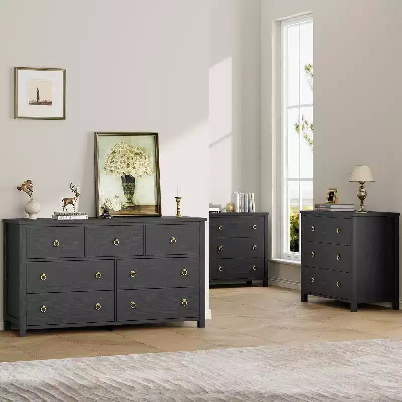 Acekool 3-Drawer Dresser for Bedroom, Wide Clothes Storage Chest Cabinet, Black