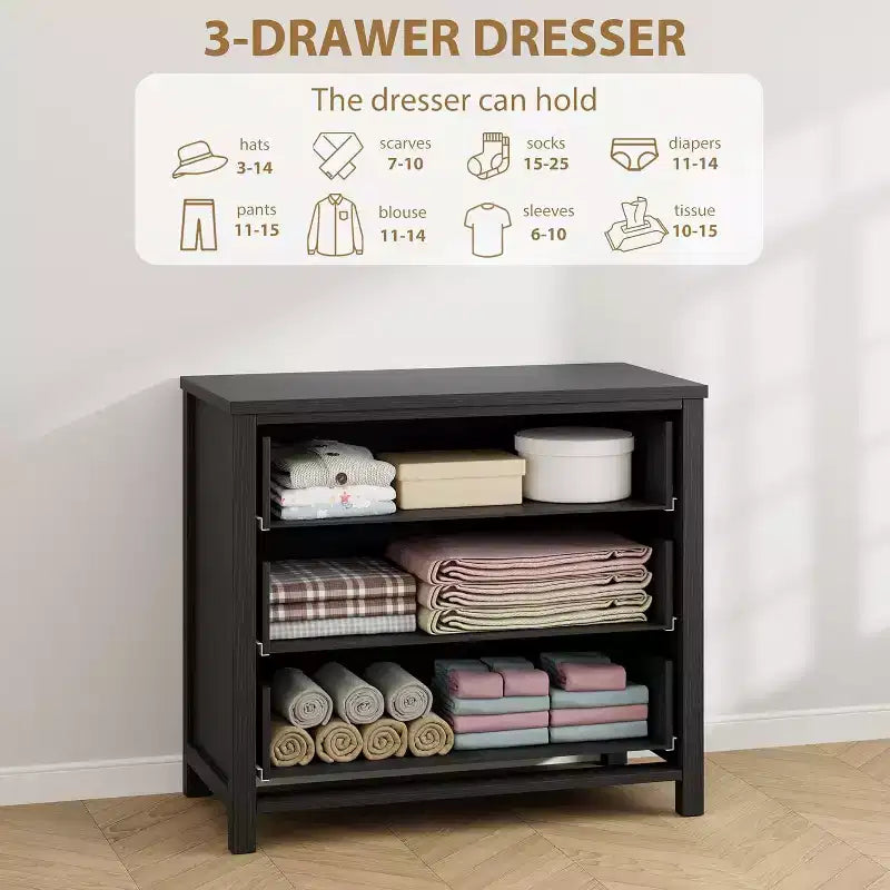 Acekool 3-Drawer Dresser for Bedroom, Wide Clothes Storage Chest Cabinet, Black