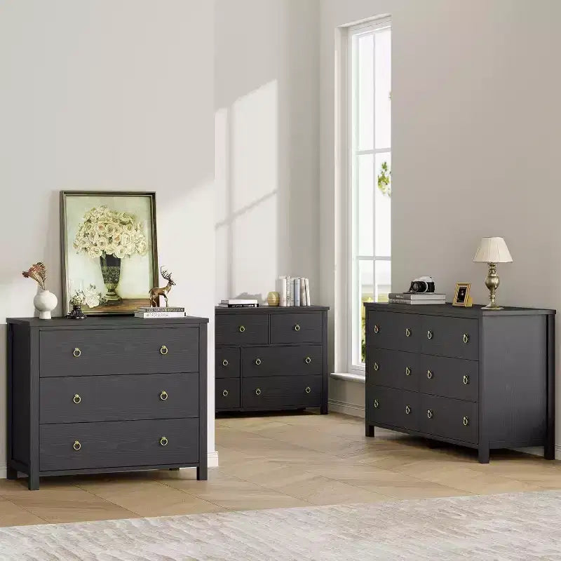 Acekool 3-Drawer Dresser for Bedroom, Wide Clothes Storage Chest Cabinet, Black