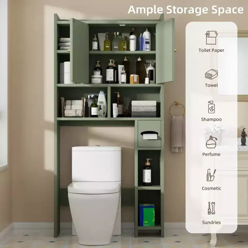 Celebalcony Over The Toilet Storage Cabinet with Barn Doors & Toilet Paper Holder for Bathroom Space Saver, Adjustable Shelf and Anti-Tip Device