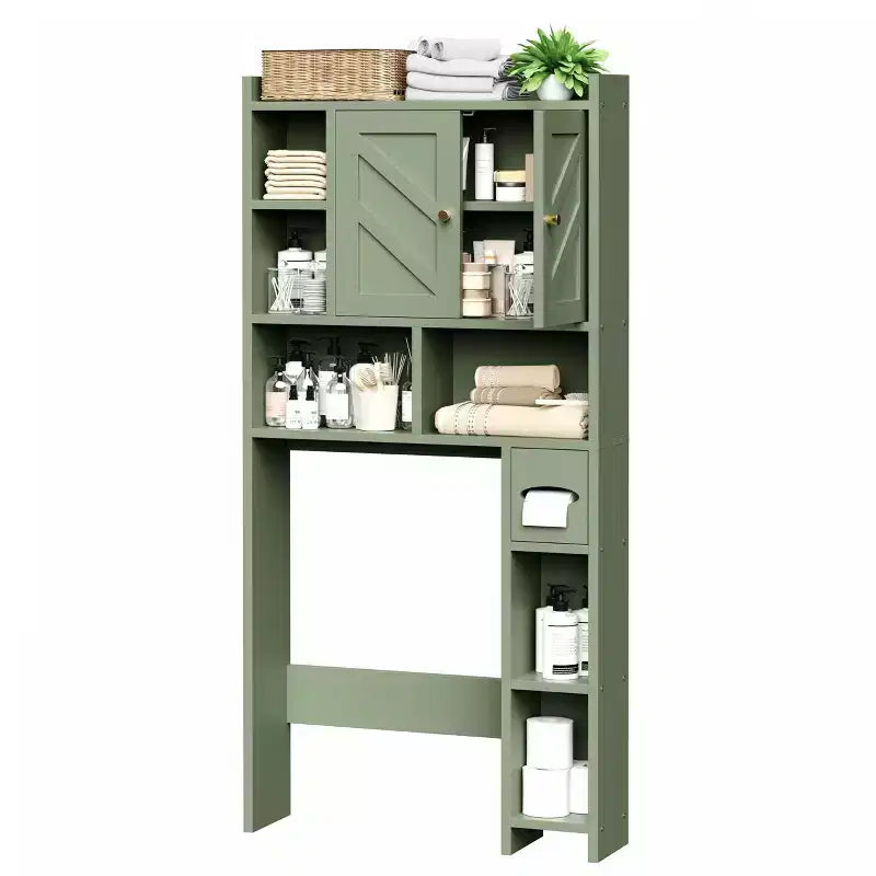 Celebalcony Over The Toilet Storage Cabinet with Barn Doors & Toilet Paper Holder for Bathroom Space Saver, Adjustable Shelf and Anti-Tip Device