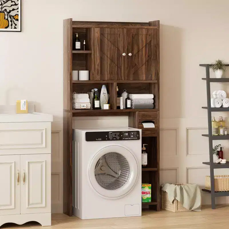 Celebalcony Over The Toilet Storage Cabinet with Barn Doors & Toilet Paper Holder for Bathroom Space Saver, Adjustable Shelf and Anti-Tip Device