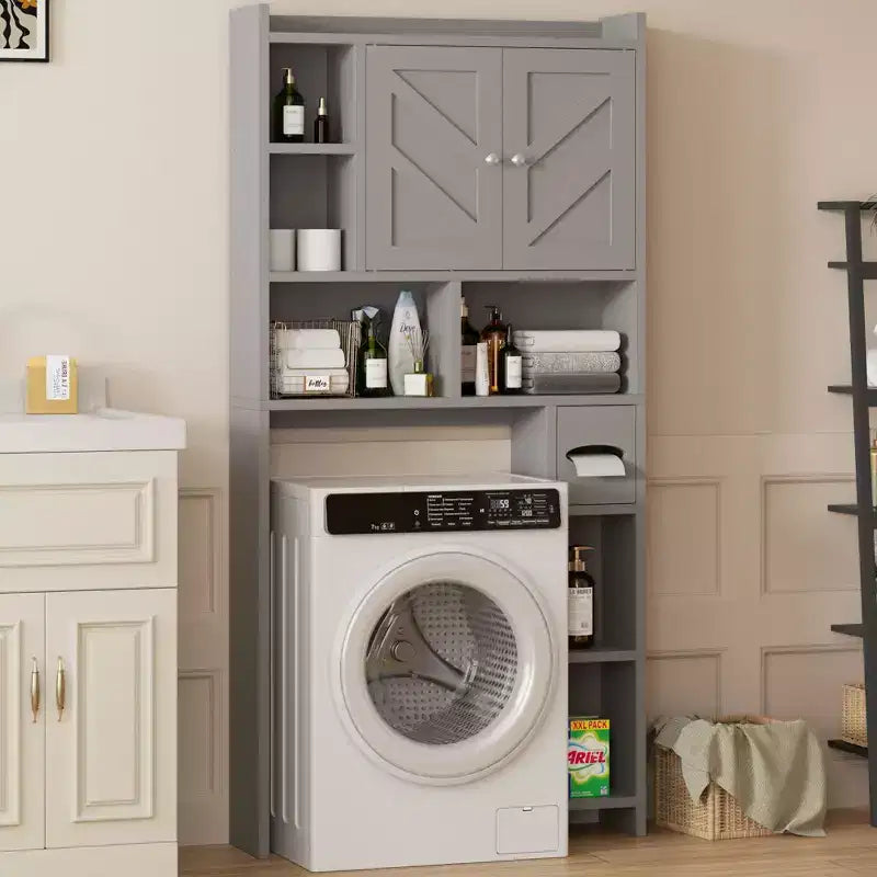 Celebalcony Over The Toilet Storage Cabinet with Barn Doors & Toilet Paper Holder for Bathroom Space Saver, Adjustable Shelf and Anti-Tip Device