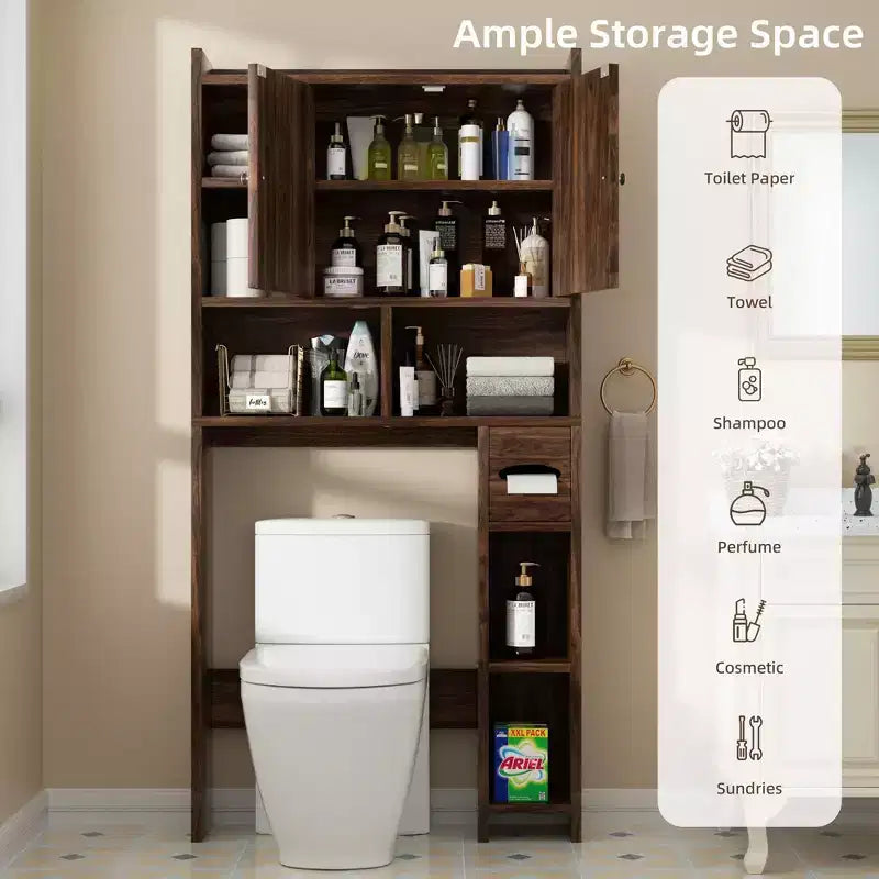 Celebalcony Over The Toilet Storage Cabinet with Barn Doors & Toilet Paper Holder for Bathroom Space Saver, Adjustable Shelf and Anti-Tip Device