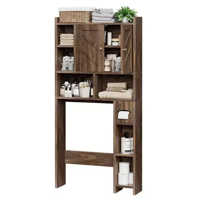 Celebalcony Over The Toilet Storage Cabinet with Barn Doors & Toilet Paper Holder for Bathroom Space Saver, Adjustable Shelf and Anti-Tip Device