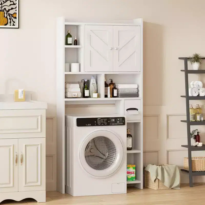 Celebalcony Over The Toilet Storage Cabinet with Barn Doors & Toilet Paper Holder for Bathroom Space Saver, Adjustable Shelf and Anti-Tip Device