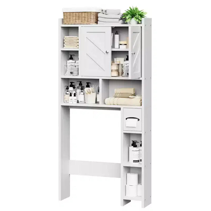 Celebalcony Over The Toilet Storage Cabinet with Barn Doors & Toilet Paper Holder for Bathroom Space Saver, Adjustable Shelf and Anti-Tip Device