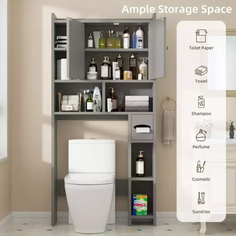 Celebalcony Over The Toilet Storage Cabinet with Barn Doors & Toilet Paper Holder for Bathroom Space Saver, Adjustable Shelf and Anti-Tip Device